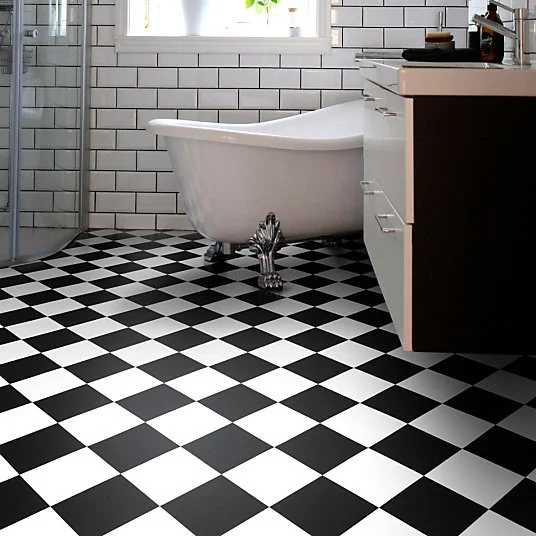 Sol Vinyle Happy Days - Carrelage damier diagonal - Noir et blanc - Rouleau de 4m x 2m