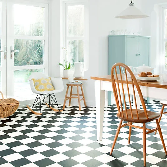 Sol Vinyle Happy Days - Carrelage damier droit - Noir et blanc - Rouleau de 3m x 6m