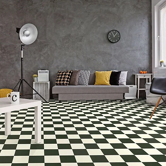 Sol Vinyle Happy Days - Carrelage damier droit - Noir et blanc - Rouleau de 4m x 4m