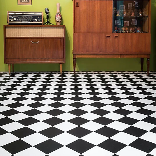 Sol Vinyle Happy Days - Carrelage damier diagonal - Noir et blanc - Rouleau de 4m x 21m