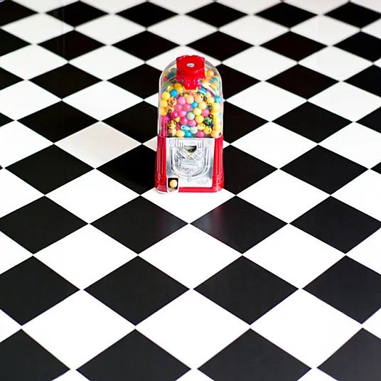 Sol Vinyle Happy Days - Carrelage damier diagonal - Noir et blanc - Rouleau de 4m x 21m