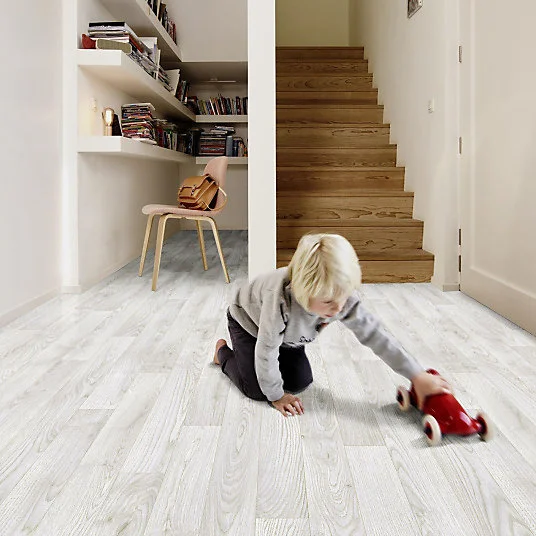 Sol Vinyle Link - Imitation parquet blanc veinage gris - Rouleau de 3m x 25m