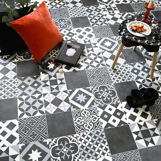 Sol Vinyle Link Plus - Carreaux de ciment noir et blanc - Surface brillante - Rouleau de 3m x 5m