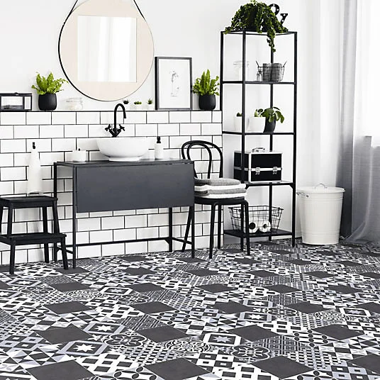 Sol Vinyle Link Plus - Carreaux de ciment noir et blanc - Surface brillante - Rouleau de 3m x 5m