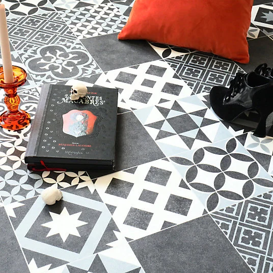 Sol Vinyle Link Plus - Carreaux de ciment noir et blanc - Surface brillante - Rouleau de 4m x 20m