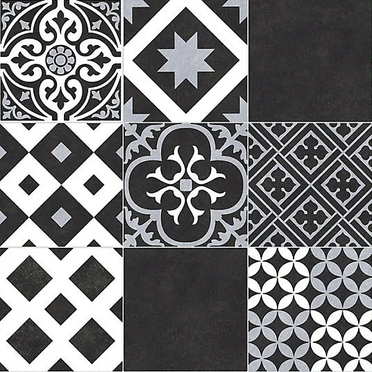Sol Vinyle Link Plus - Carreaux de ciment noir et blanc - Surface brillante - Rouleau de 4m x 9m