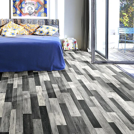 Sol Vinyle Link Plus - Imitation parquet noir et blanc - Surface brillante - Rouleau de 3m x 15m