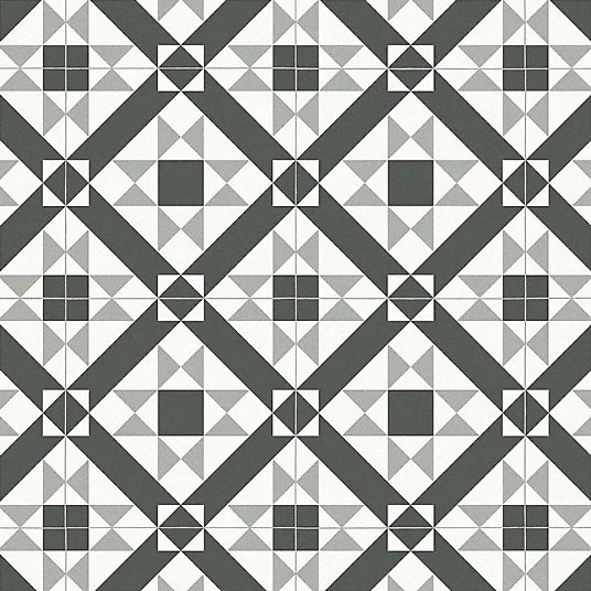 Sol Vinyle Style - Carreaux de ciment graphique - Noir et blanc - Rouleau de 2m x 2m
