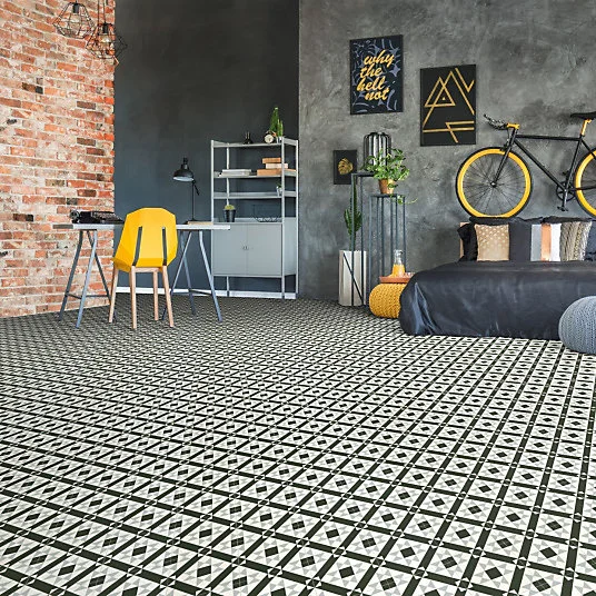 Sol Vinyle Style - Carreaux de ciment graphique - Noir et blanc - Rouleau de 2m x 18m
