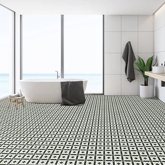 Sol Vinyle Style - Carreaux de ciment graphique - Noir et blanc - Rouleau de 2m x 18m