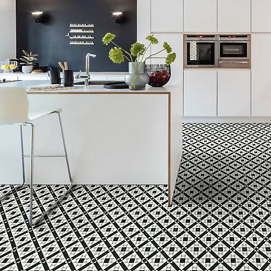 Sol Vinyle Style - Carreaux de ciment graphique - Noir et blanc - Rouleau de 4m x 12m