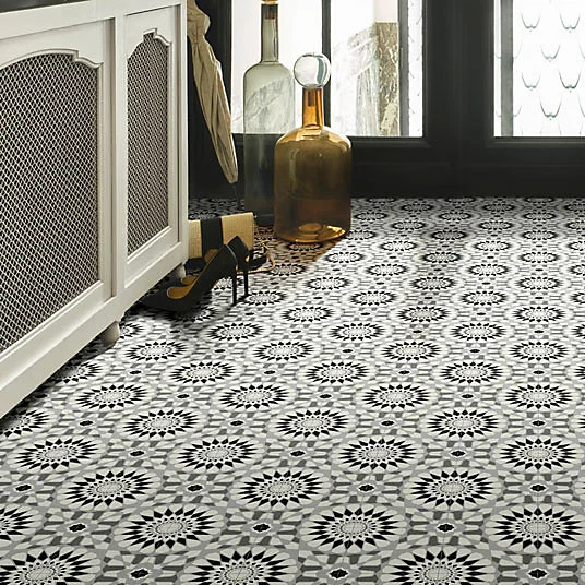 Sol Vinyle Style - Carreaux de ciment motif mosaïque noir - Rouleau de 3m x 9m
