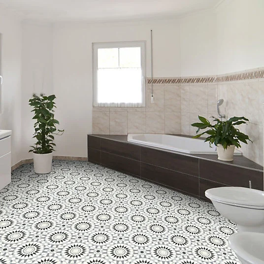 Sol Vinyle Style - Carreaux de ciment motif mosaïque noir - Rouleau de 3m x 9m