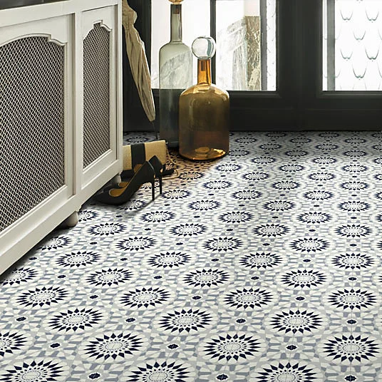 Sol Vinyle Style - Carreaux de ciment motif mosaïque bleu - Rouleau de 3m x 15m