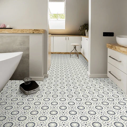 Sol Vinyle Style - Carreaux de ciment motif mosaïque bleu - Rouleau de 3m x 15m