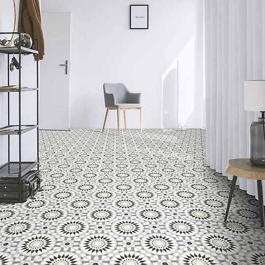 Sol Vinyle Style - Carreaux de ciment motif mosaïque noir - Rouleau de 3m x 12m