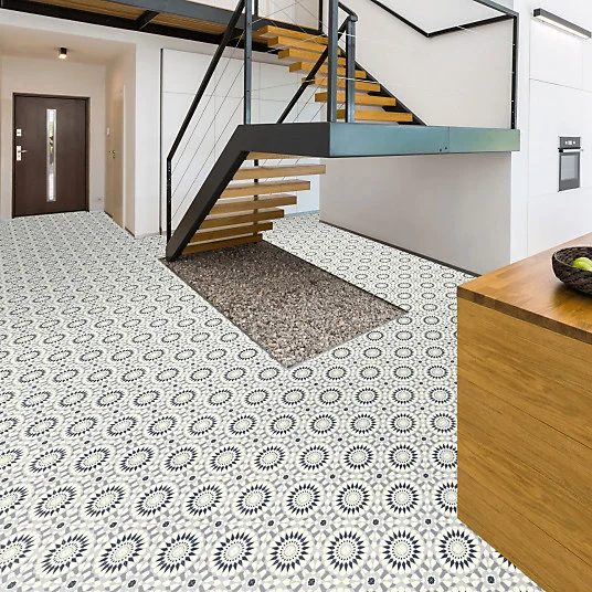 Sol Vinyle Style - Carreaux de ciment motif mosaïque bleu - Rouleau de 3m x 8m