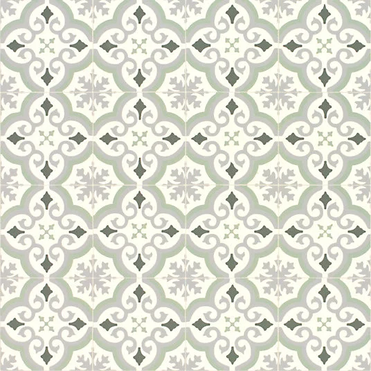 Sol Vinyle Textile économique - Effet carreaux de ciment arabesques - Vert et gris - Rouleau de 2m x 13m