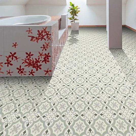 Sol Vinyle Textile économique - Effet carreaux de ciment arabesques - Vert et gris - Rouleau de 2m x 9m