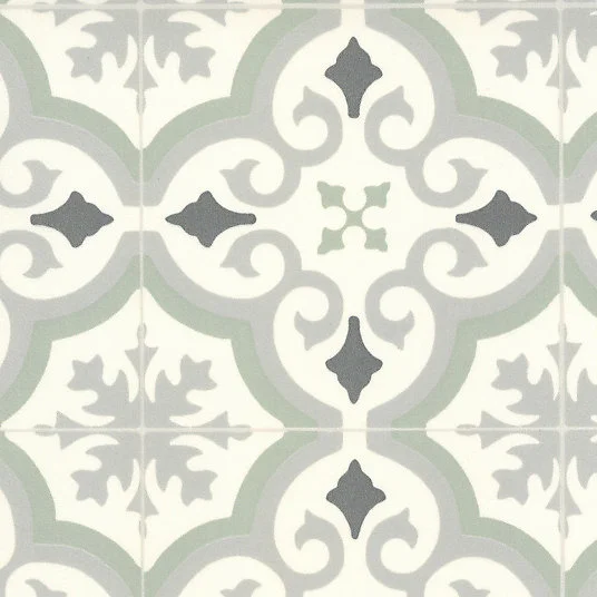 Sol Vinyle Textile économique - Effet carreaux de ciment arabesques - Vert et gris - Rouleau de 2m x 9m