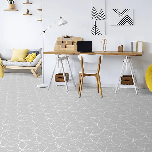 Sol Vinyle Textile économique - Rosace géométrique - Gris - Rouleau de 4m x 24m