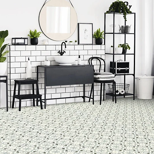 Sol Vinyle Textile - Rénove acoustique - Effet carreaux de ciment arabesque - Gris bleuté - Rouleau de 4m x 5m