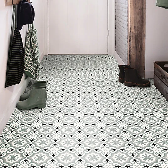 Sol Vinyle Textile - Rénove acoustique - Effet carreaux de ciment arabesque - Gris bleuté - Rouleau de 3m x 17m