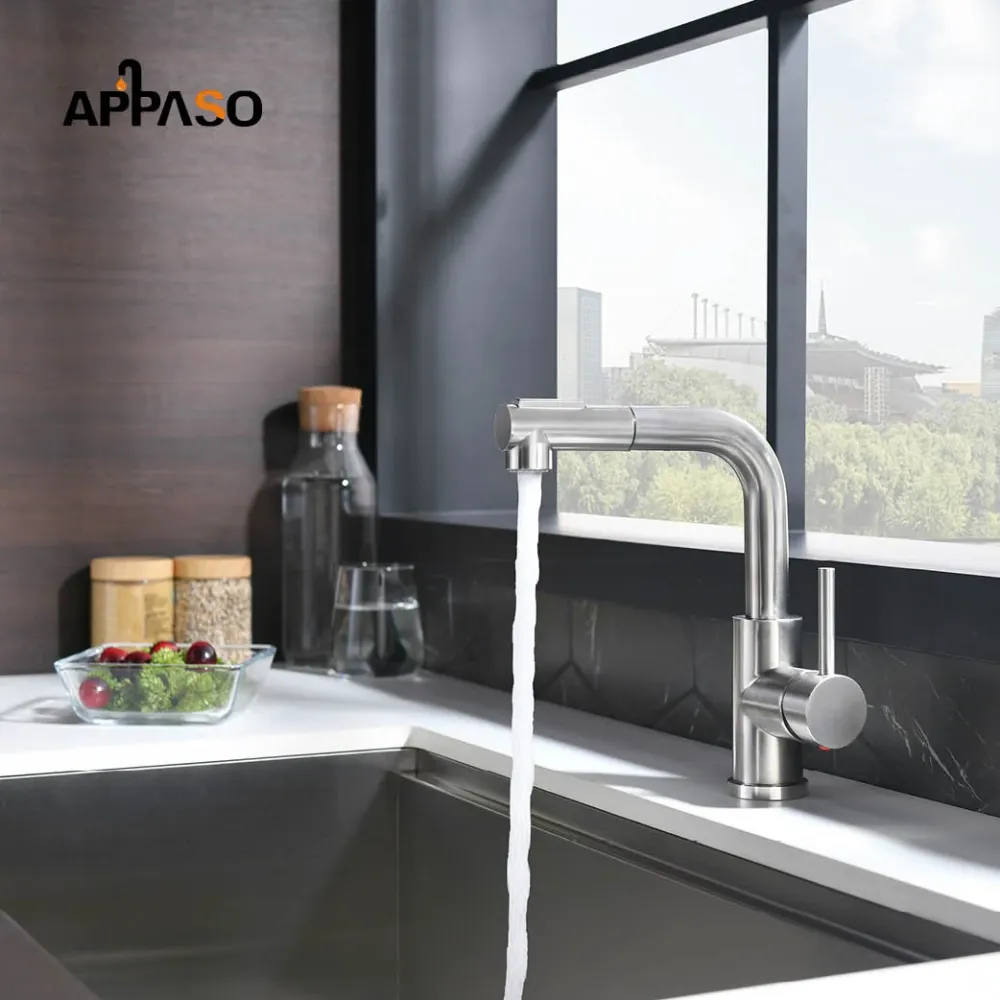 APPASO Bar Sink Faucet, Brushed Nickel Kitchen Faucet Pull-Out Sprayer Stainless En acier, Modern Single Handle Bathroom U...