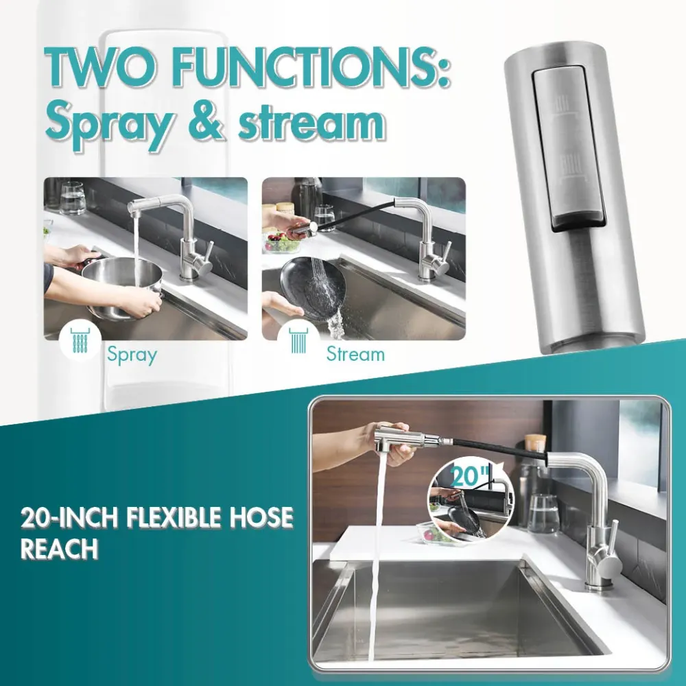 APPASO Bar Sink Faucet, Brushed Nickel Kitchen Faucet Pull-Out Sprayer Stainless En acier, Modern Single Handle Bathroom U...
