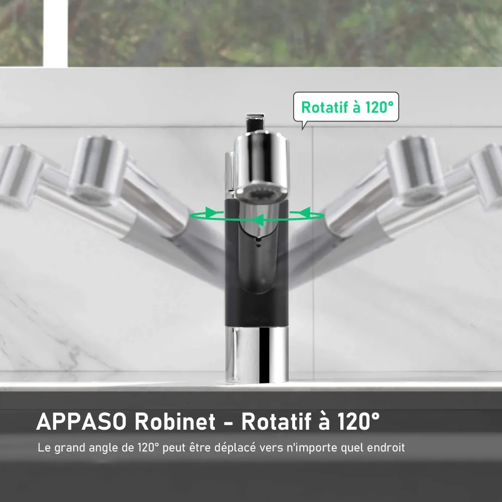 Moderne Robinet Cuisine APPASO avec Douchette Mitigeur d'Evier Monocommande avec Rotation 120° Chromé Noir Mat