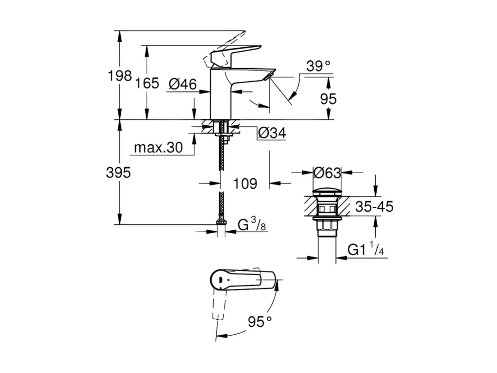 Mitigeur lavabo GROHE Quickfix Start 2021 avec vidage Push-Open taille S chromé + microfibre