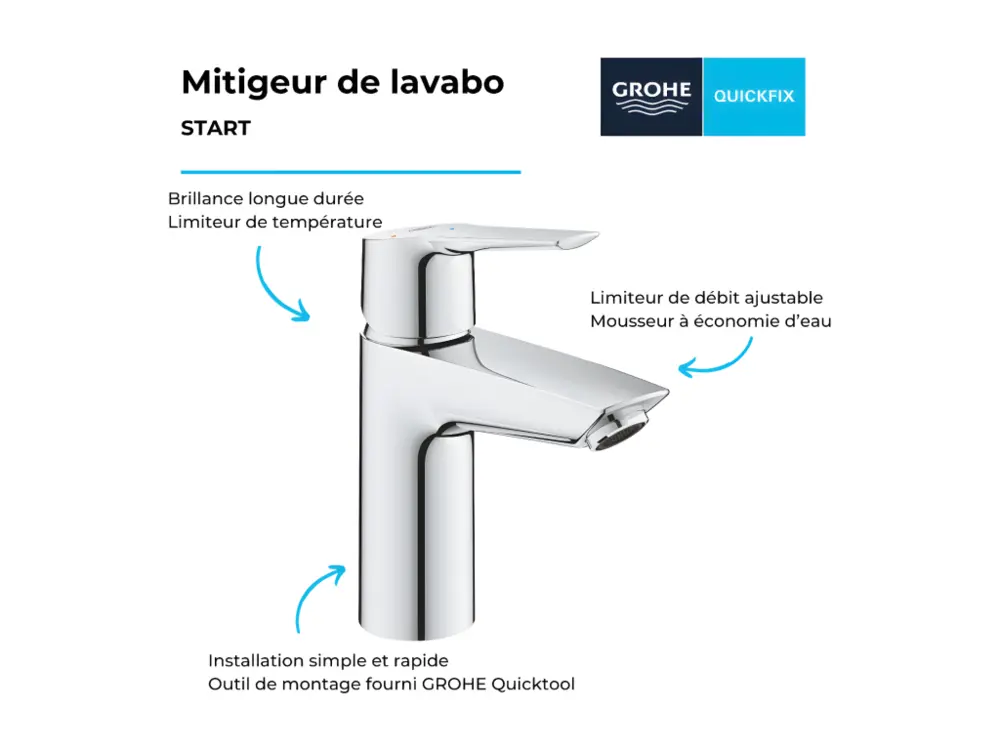 Mitigeur lavabo GROHE Quickfix Start 2021 avec vidage Push-Open taille S chromé + microfibre