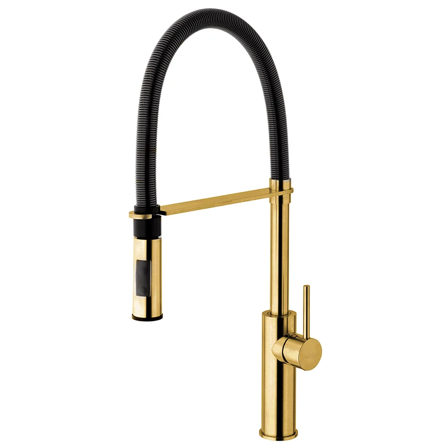 Robinet de lavabo haut en laiton avec finition spéciale Honey Gold brossé. Douchette en ABS couleur noir mat. Paffoni Ligh...