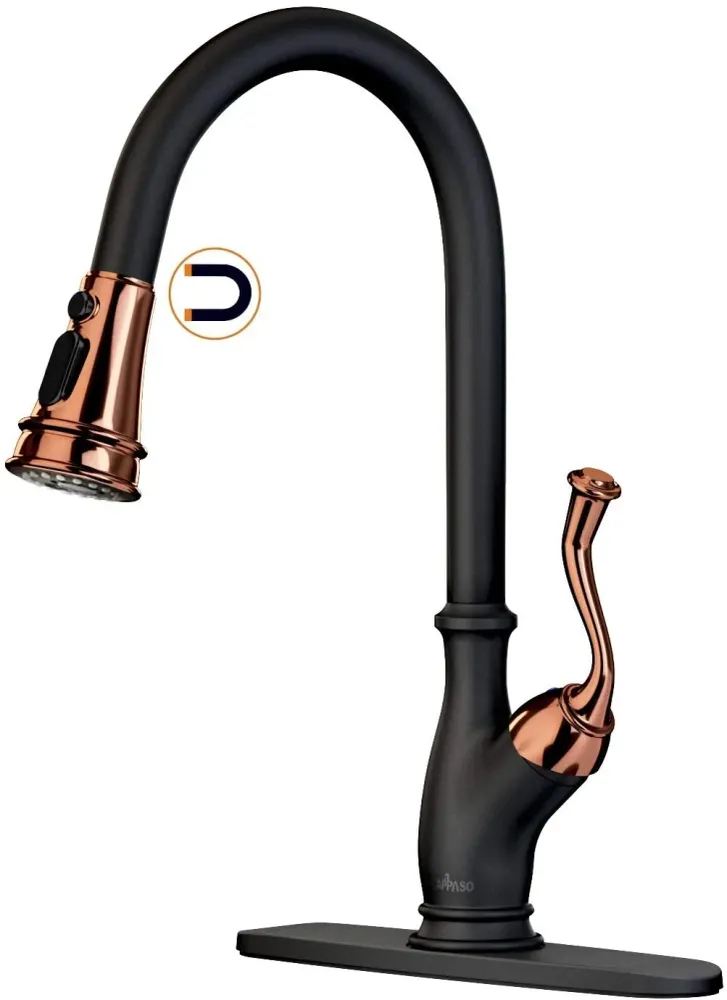 APPASO Robinet de cuisine Magnétique En Laiton Massif À Une Poignée Noir Mat et Or Rose 175BRG