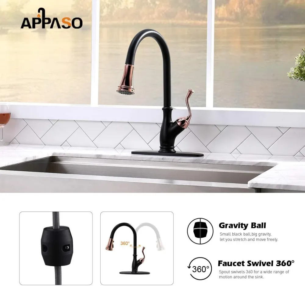 APPASO Robinet de cuisine Magnétique En Laiton Massif À Une Poignée Noir Mat et Or Rose 175BRG