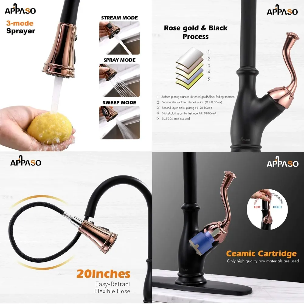 APPASO Robinet de cuisine Magnétique En Laiton Massif À Une Poignée Noir Mat et Or Rose 175BRG