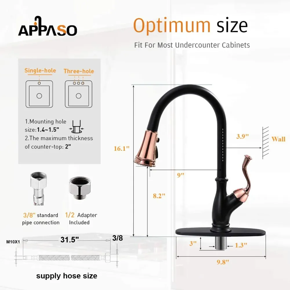 APPASO Robinet de cuisine Magnétique En Laiton Massif À Une Poignée Noir Mat et Or Rose 175BRG