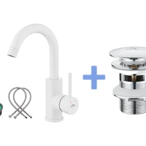 AURALUMMAX Robinet Lavabo Blanc Rotation 360°,Barboteur démontable,Eau froide/chaude+Bonde Lavabo Bonde Pop-up avec Trop-p...