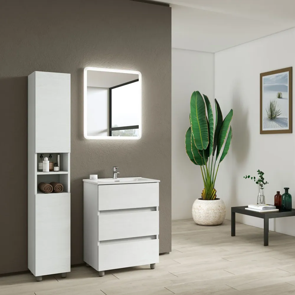 Composition de salle de bain avec lavabo miroir rétroéclairé et colonne modèle KoraXL02 90 cm Blanc Frêne