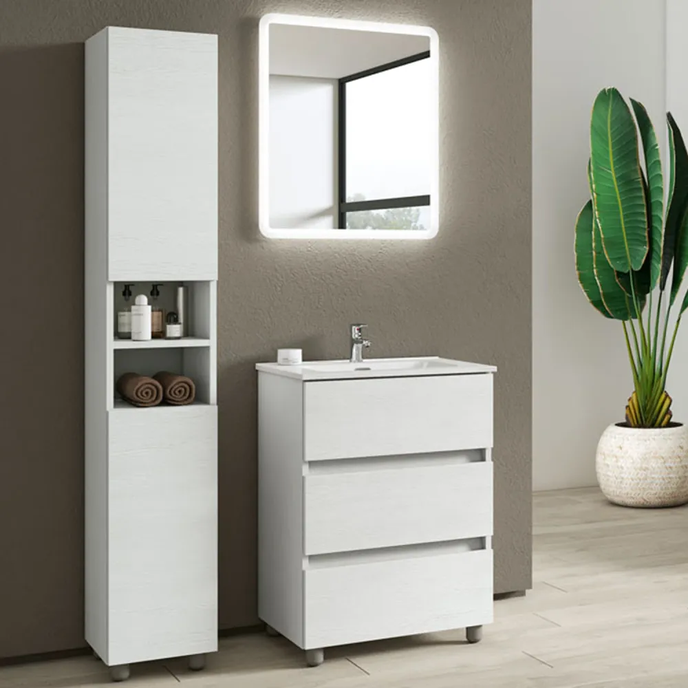 Composition de salle de bain avec lavabo miroir rétroéclairé et colonne modèle KoraXL02 90 cm Blanc Frêne