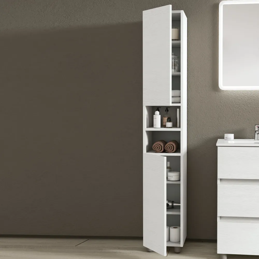 Composition de salle de bain avec lavabo miroir rétroéclairé et colonne modèle KoraXL02 90 cm Blanc Frêne