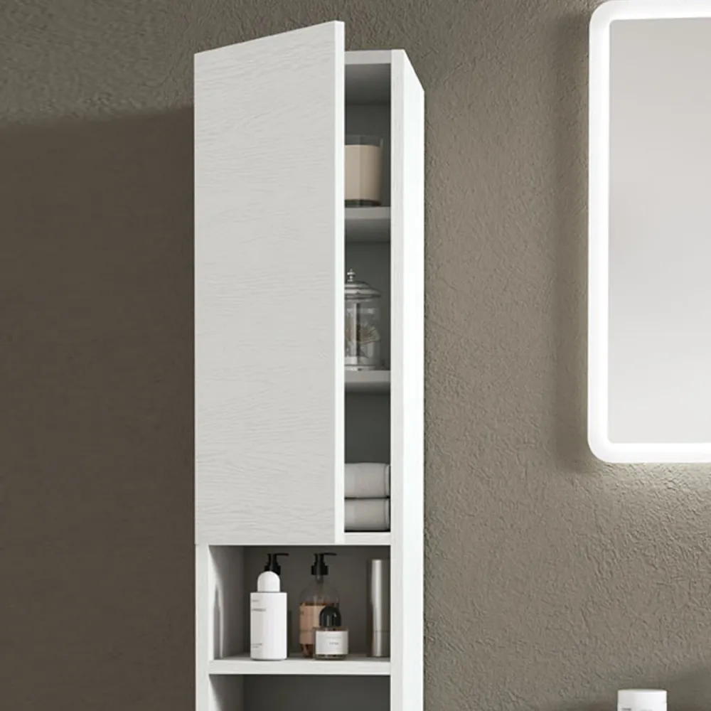 Composition de salle de bain avec lavabo miroir rétroéclairé et colonne modèle KoraXL02 90 cm Blanc Frêne