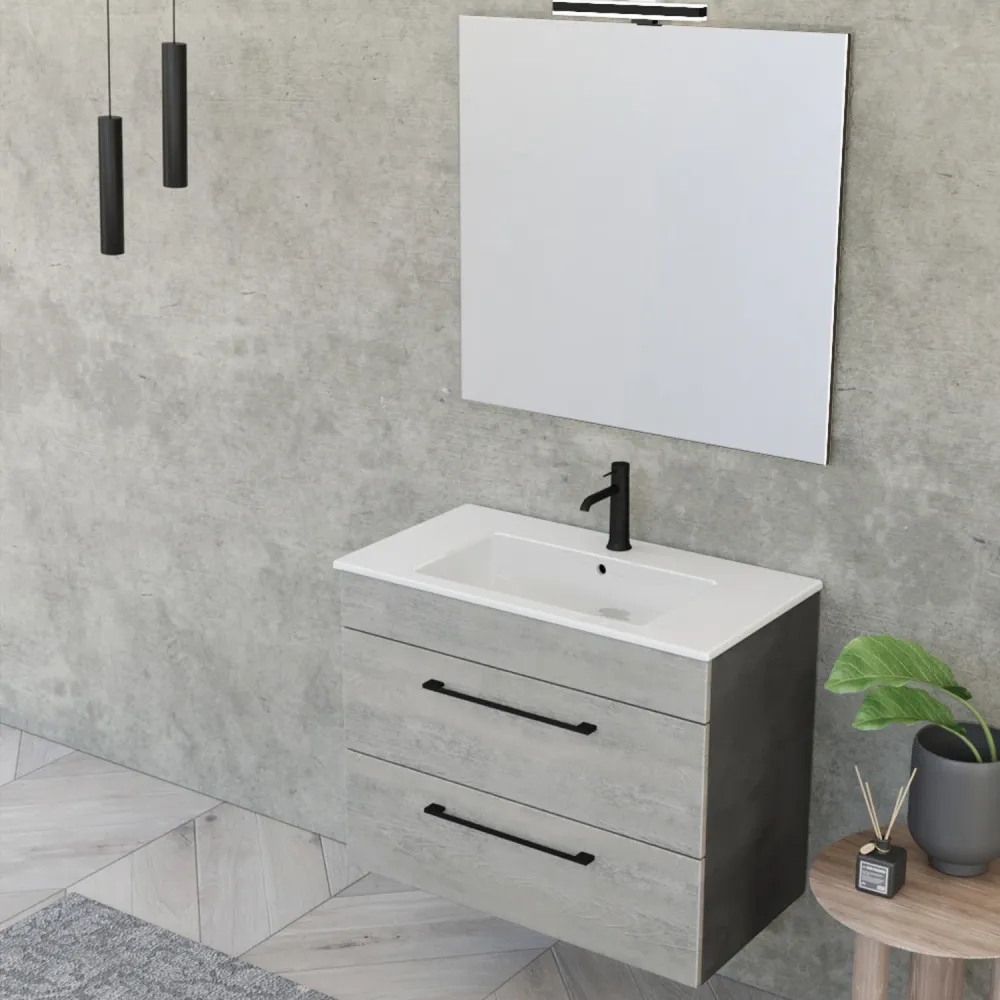 Composition de salle de bain suspendue Smack à 2 tiroirs 80x62 avec lavabo, miroir avec lampe LED bois ciment et ciment