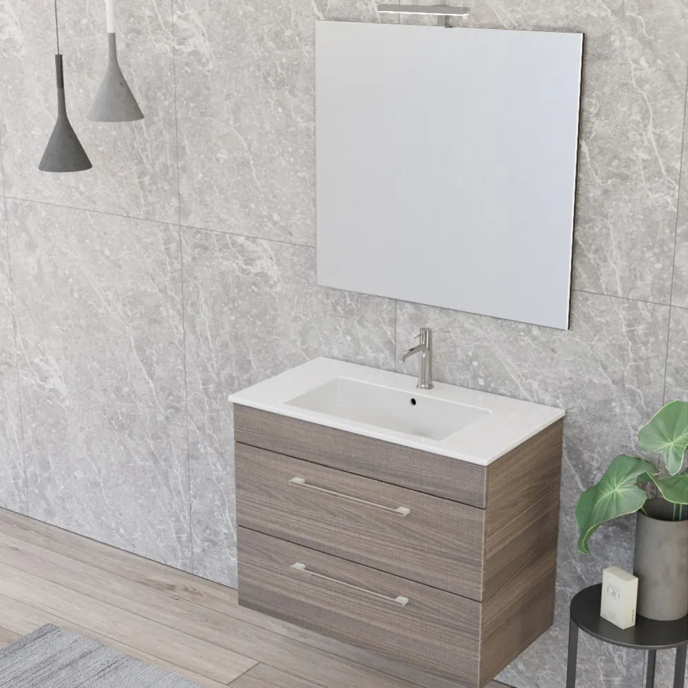 Composition de salle de bain suspendue Smack à 2 tiroirs 80x62 avec lavabo, miroir avec lampe LED olmo naturel