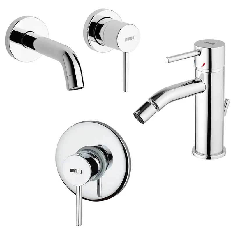 Ensemble de robinets de douche, lavabo encastré et bidet avec vidage en laiton chromé collection Pico de Mamoli Rubinetterie