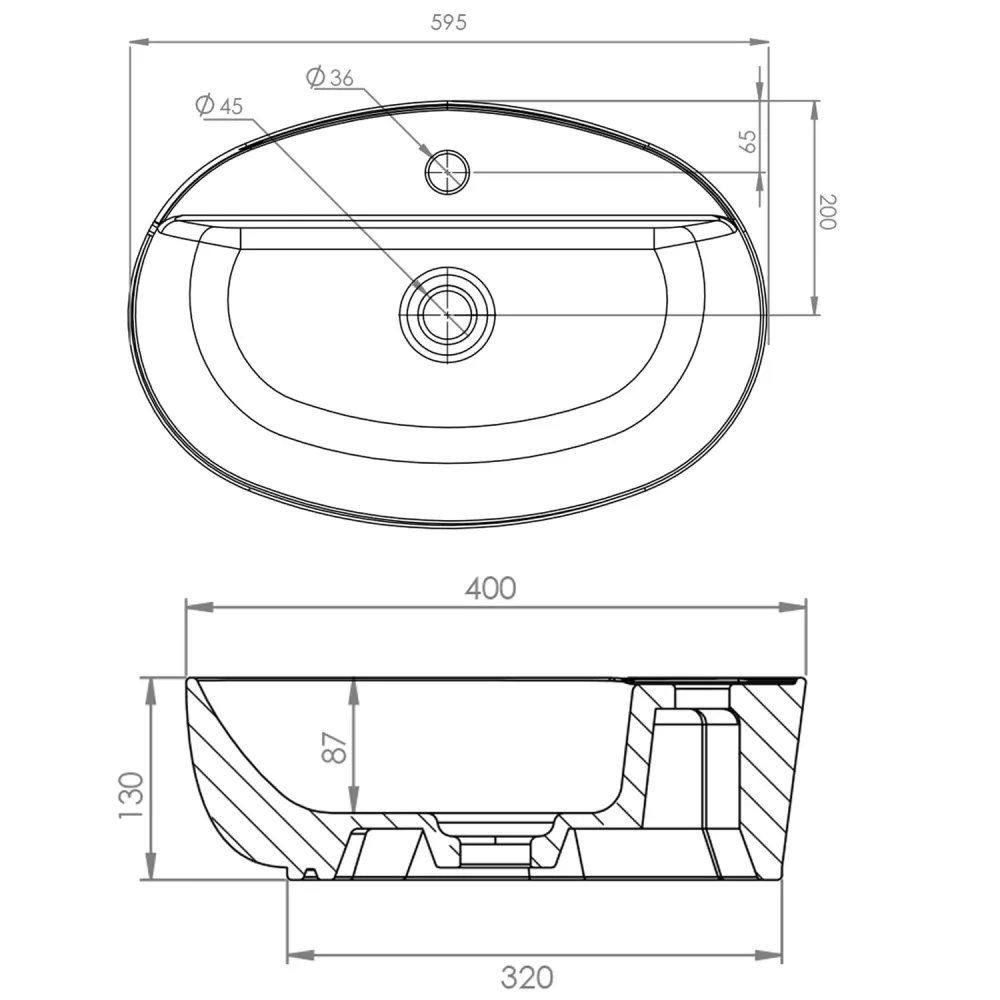 Lavabo d'appoggio ovale sans trop-plein avec trou robinet Linpha Sanitary cm 60x40
