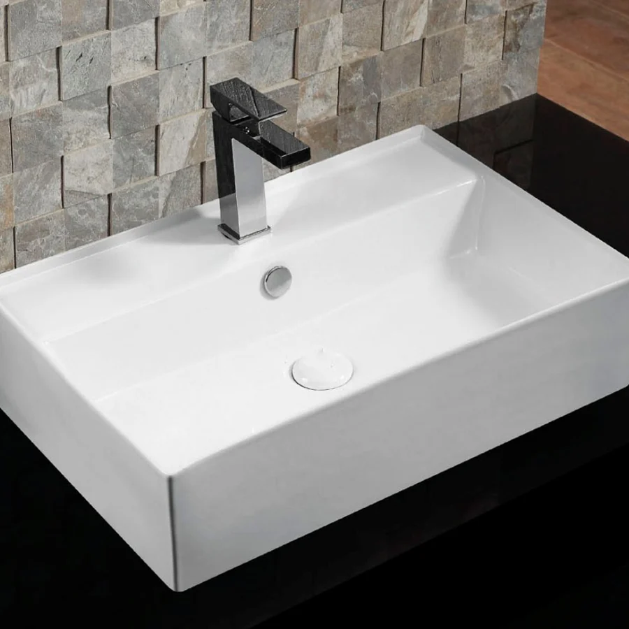 Lavabo d'appoggio rectangulaire en céramique blanche avec trop-plein et trou de robinet cm 59,5x40