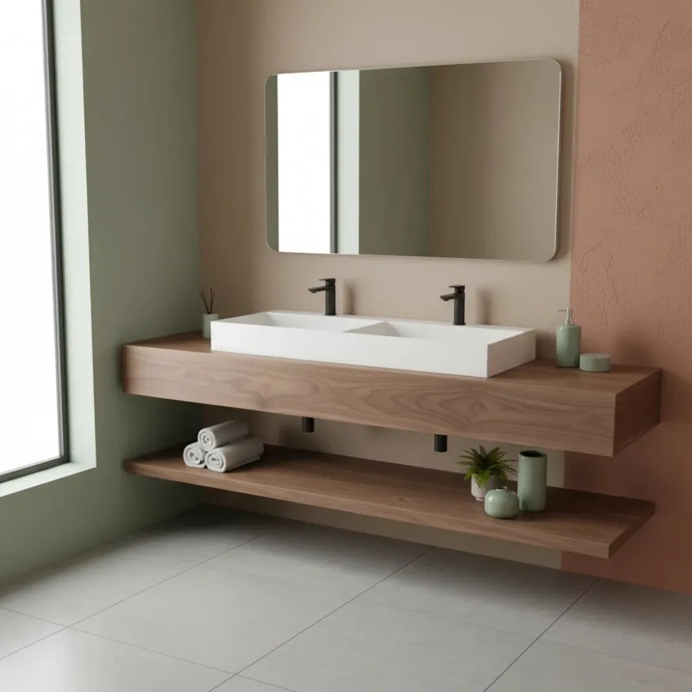 Lavabo à poser/suspendu carré avec jumeau vasque Ceramica Azzurra Elegance 122x45 cm avec trous pour robinetterie