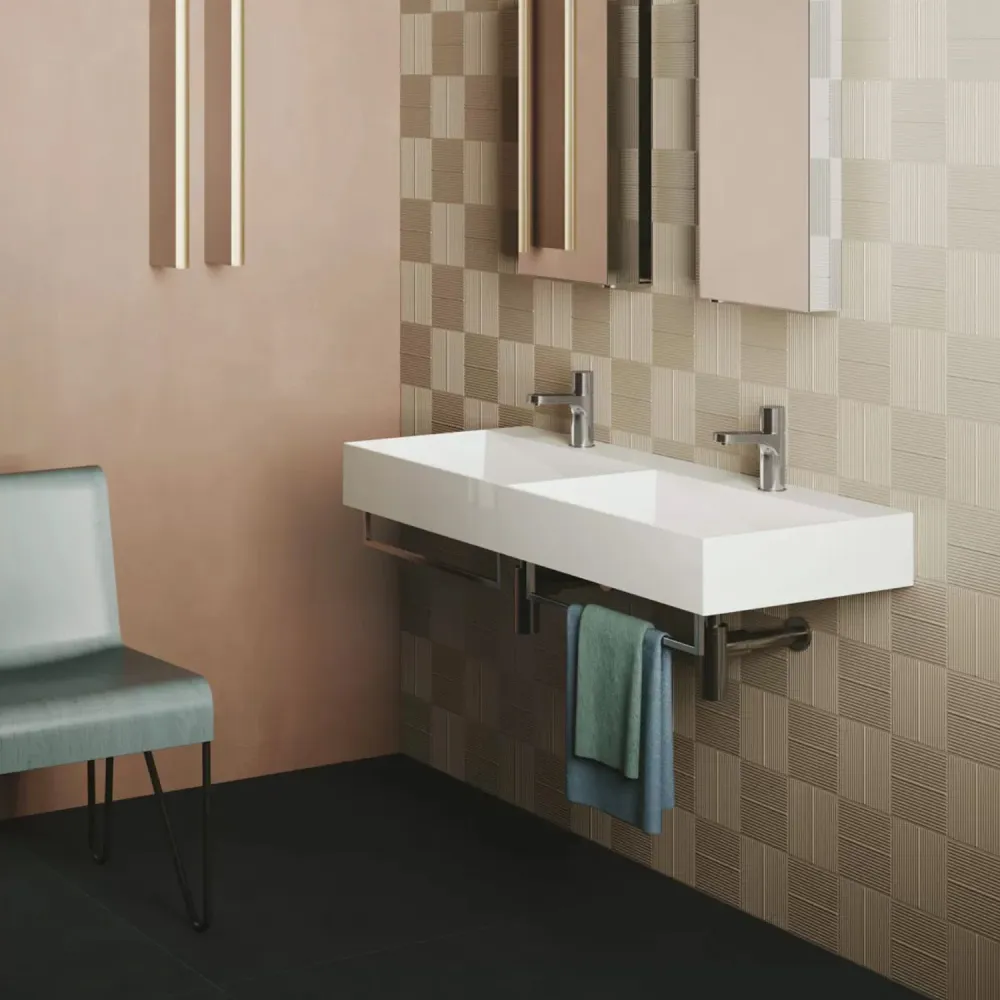 Lavabo à poser/suspendu carré avec jumeau vasque Ceramica Azzurra Elegance 122x45 cm avec trous pour robinetterie