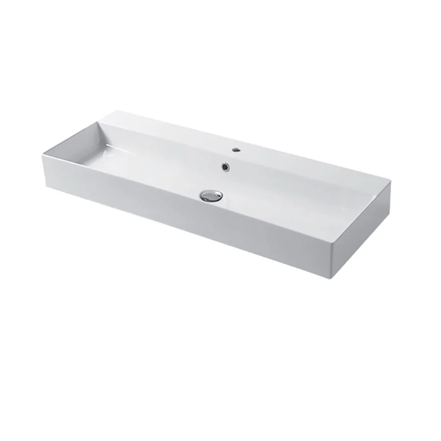 Lavabo rectangulaire à poser ou suspendre en céramique blanche brillante 100x46 cm avec trou pour robinet Disegno-Ceramica